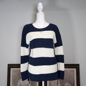 Talbots Striped Nautical Coastal Vibe‎ Knit Sweater Lace Up Side Navy Cream M